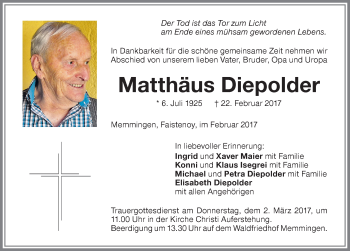 Traueranzeige von Matthäus Diepolder von Memminger Zeitung