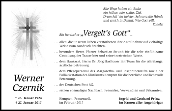 Traueranzeige von Werner Czernik von Allgäuer Zeitung,Kempten