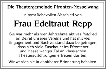 Traueranzeige von Edeltraut Repp von Allgäuer Zeitung, Füssen