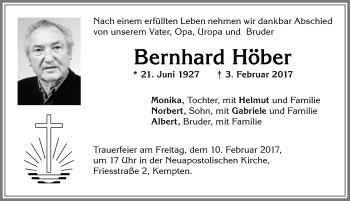 Traueranzeige von Bernhard Höber von Allgäuer Zeitung,Kempten