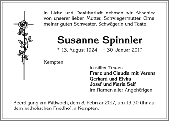 Traueranzeige von Susanne Spinnler von Allgäuer Zeitung,Kempten