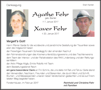 Traueranzeige von Agathe und Xaver Fehr von Der Westallgäuer