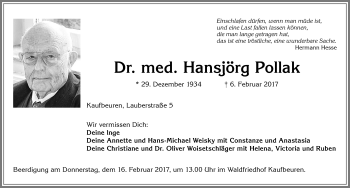Traueranzeige von Hansjörg Pollak von Allgäuer Zeitung, Kaufbeuren/Buchloe