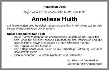 Traueranzeige von Anneliese Huith von Memminger Zeitung