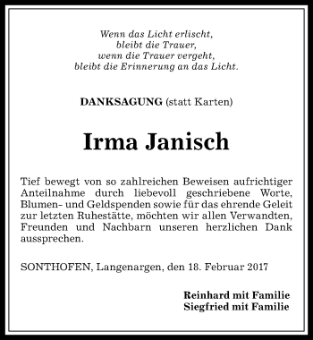 Traueranzeige von Irma Janisch von Allgäuer Anzeigeblatt