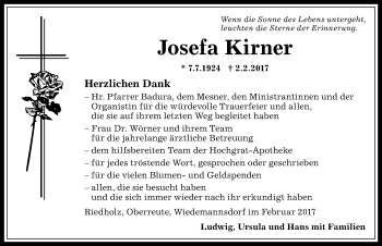 Traueranzeige von Josefa Kirner von Allgäuer Anzeigeblatt