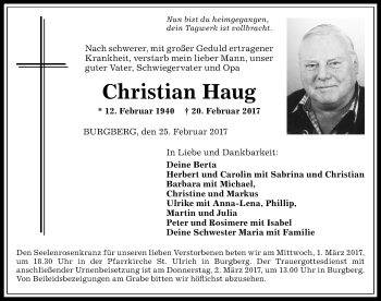 Traueranzeige von Christian Haug von Allgäuer Anzeigeblatt