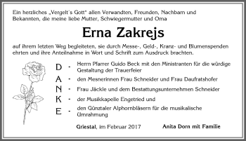 Traueranzeige von Erna Zakrejs von Memminger Zeitung