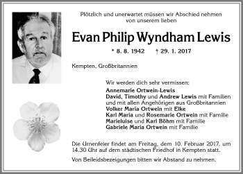 Traueranzeige von Evan Philip Wyndham Lewis von Allgäuer Zeitung,Kempten