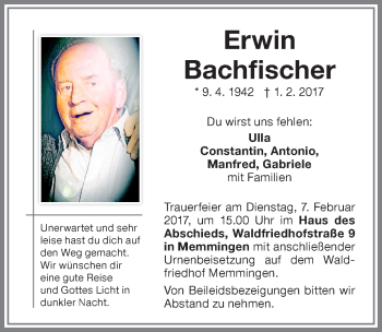 Traueranzeige von Erwin Bachfischer von Memminger Zeitung