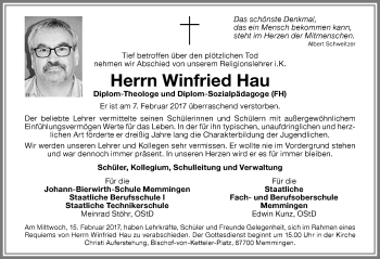 Traueranzeige von Winfried Hau von Memminger Zeitung