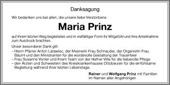Traueranzeige von Maria Prinz von Memminger Zeitung