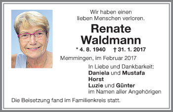 Traueranzeige von Renate Waldmann von Memminger Zeitung