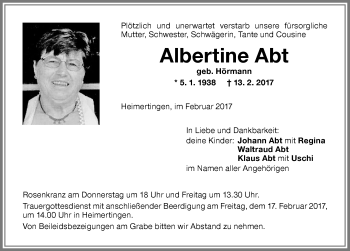 Traueranzeige von Albertine Abt von Memminger Zeitung