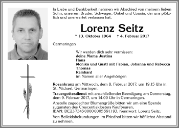Traueranzeige von Lorenz Seitz von Allgäuer Zeitung, Kaufbeuren/Buchloe
