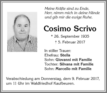 Traueranzeige von Cosimo Scrivo von Allgäuer Zeitung, Kaufbeuren/Buchloe