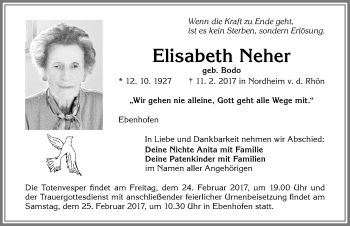Traueranzeige von Elisabeth Neher von Allgäuer Zeitung, Marktoberdorf