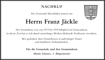 Traueranzeige von Franz Jäckle von Der Westallgäuer