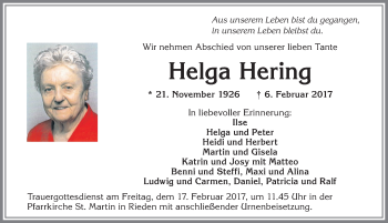 Traueranzeige von Helga Hering von Allgäuer Zeitung, Kaufbeuren/Buchloe