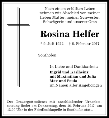 Traueranzeige von Rosina Helfer von Allgäuer Anzeigeblatt