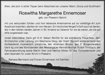 Traueranzeige von Roswitha Margarethe Ennemoser von Der Westallgäuer