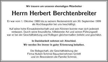 Traueranzeige von Herbert Berchtenbreiter von Allgäuer Zeitung, Marktoberdorf