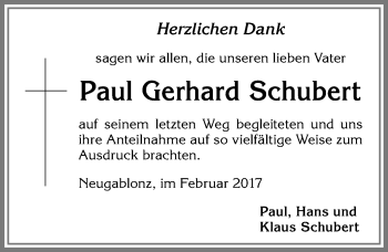 Traueranzeige von Paul Gerhard Schubert von Allgäuer Zeitung, Kaufbeuren/Buchloe