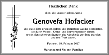 Traueranzeige von Genovefa Hofacker von Allgäuer Zeitung, Marktoberdorf