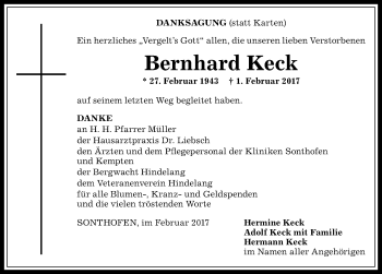 Traueranzeige von Bernhard Keck von Allgäuer Anzeigeblatt