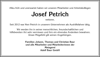 Traueranzeige von Josef Petrich von Memminger Zeitung