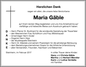 Traueranzeige von Maria Gäble von Memminger Zeitung