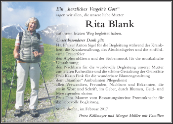 Traueranzeige von Rita Blank von Der Westallgäuer