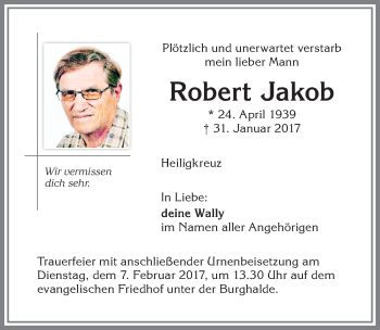Traueranzeige von Robert Jakob von Allgäuer Zeitung,Kempten