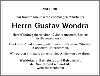 Traueranzeige von Gustav Wondra von Allgäuer Zeitung