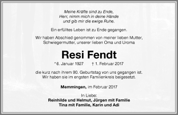 Traueranzeige von Resi Fendt von Memminger Zeitung