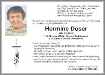 Traueranzeige von Hermine Doser von Memminger Zeitung