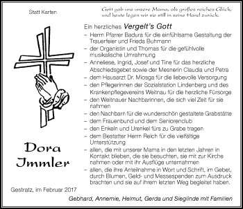 Traueranzeige von Dora Immler von Der Westallgäuer