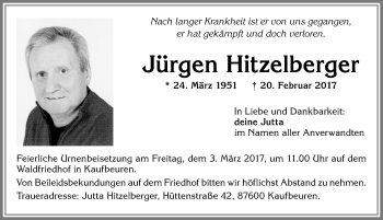 Traueranzeige von Jürgen Hitzelberger von Allgäuer Zeitung, Kaufbeuren/Buchloe