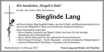 Traueranzeige von Sieglinde Lang von Allgäuer Zeitung, Marktoberdorf