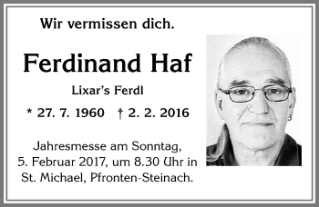 Traueranzeige von Ferdinand Haf von Allgäuer Zeitung, Füssen