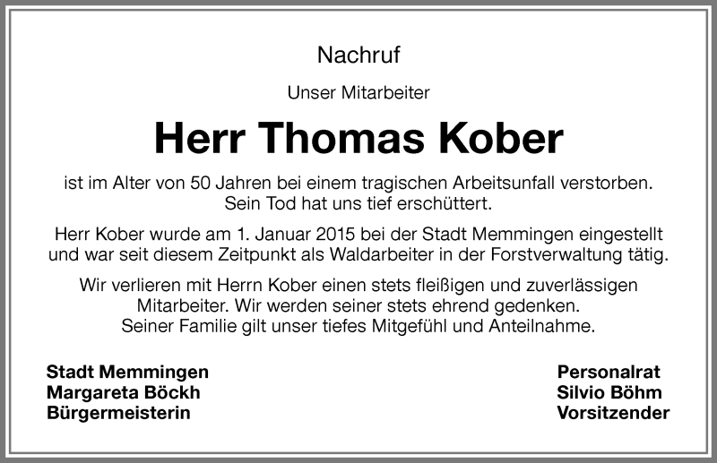 Traueranzeige für Thomas Kober vom 20.02.2017 aus Memminger Zeitung