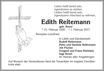 Traueranzeige von Edith Reitemann von Allgäuer Zeitung,Kempten