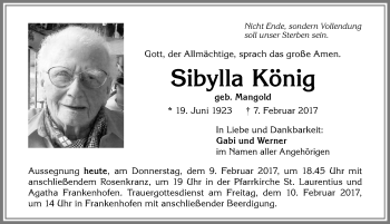 Traueranzeige von Sibylla König von Allgäuer Zeitung, Kaufbeuren/Buchloe