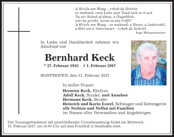 Traueranzeige von Bernhard Keck von Allgäuer Anzeigeblatt