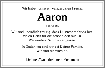 Traueranzeige von Aaron Herbig von Memminger Zeitung