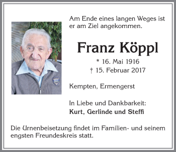 Traueranzeige von Franz Köppl von Allgäuer Zeitung,Kempten