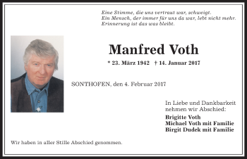 Traueranzeige von Manfred Voth von Allgäuer Anzeigeblatt