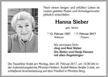 Traueranzeige von Hanna Sieber von Allgäuer Zeitung, Füssen