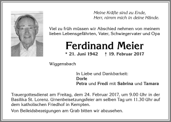 Traueranzeige von Ferdinand Meier von Allgäuer Zeitung,Kempten