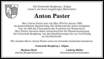 Traueranzeige von Anton Paster von Allgäuer Anzeigeblatt